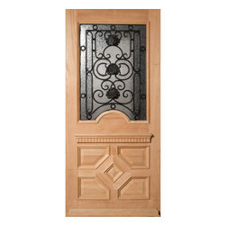 LANCASTER - MAHOGANY EXTERIOR DOOR HALF-LITE DOOR WITH ARTISTIC IRON GRILL AND GLUE CHIP GLASS (1-3/4") - Windows And Doors