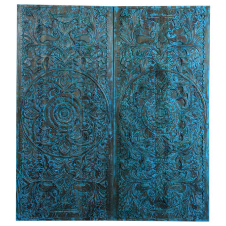 Consigned Blue Lotus Mandala Carved Sliding Barn Door Wall Art Headboard 80