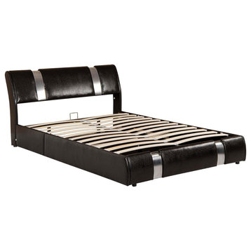 Modern Queen Size Platform Bed, Lift-Up Storage Design With Chocolate Upholstery