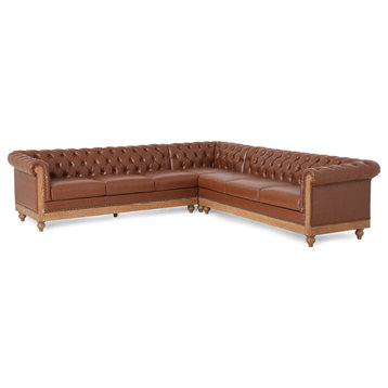 Kinzie Chesterfield Tufted 7 Seater Sectional Sofa with Nailhead Trim, Cognac, P