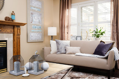 Mid-sized elegant open concept dark wood floor living room photo in Toronto with beige walls, a standard fireplace, a tile fireplace and a tv stand