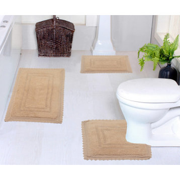 Opulent Reversible 100% Cotton Bath Rug Set, 3 Pcs Set with Contour, Linen