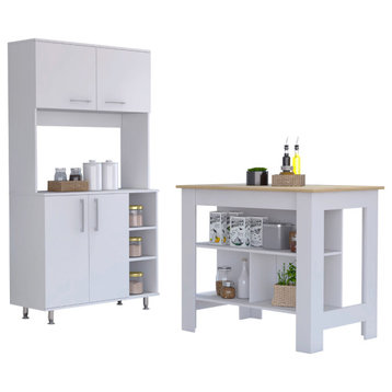 Surrey 2-Piece Kitchen Set, Kitchen Island & Pantry Cabinet, White/Light Oak