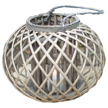 Low Round Grey Willow Lantern with Glass - Small