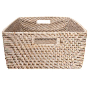 Artifacts Rattan Square Storage Basket With Rounded Corners, White Wash