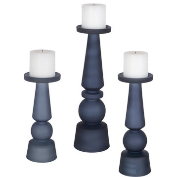 Deep Blue Stacked Shapes Candle Holder Pillar Art, Midnight Spheres, 3-Piece Set