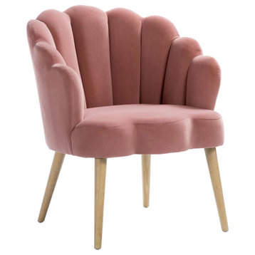 Unique Accent Chair, Velvet Fabric With Channel Tufted Scalloped Back, Pink