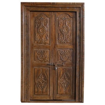 Consigned Elegant Haveli Antique Indian Doors With Frame Rustic Brown Doors