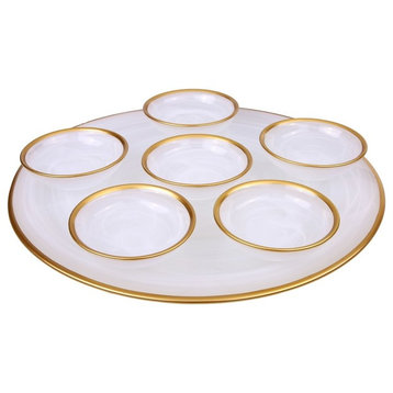 Classic Touch Alabaster White Seder Plate With Gold Rim, Includes 6 bowls