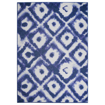 My Magic Carpet Shibori Geometric Diamond Blue Washable Rug 5x7