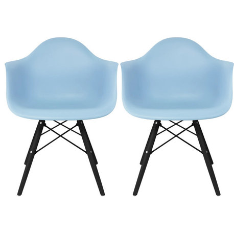 Set of 2 Dining Chairs, Black Hardwood Legs with Molded Plastic Seats, Blue