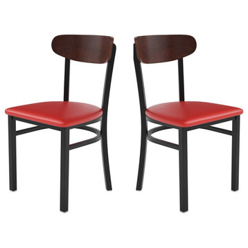 2 Pack Dining Chair, Contoured Boomerang Back, Walnut/Red Vinyl