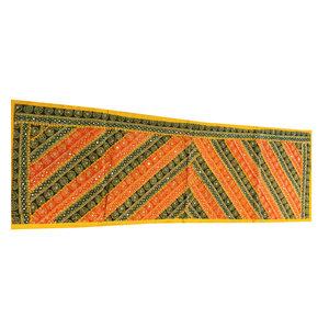 Mogul Interior - Sari Green and Orange Sequin Embroidered Tapestry - Table Runners