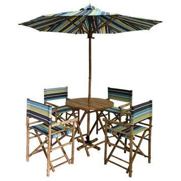 Outdoor Patio Set Umbrella Round Table Chairs Folding Dining, Green Stripes