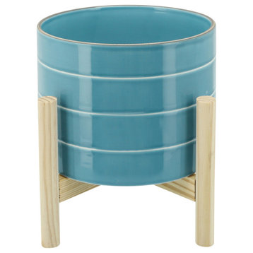 8" Striped Planter With Wood Stand, Sky Blue