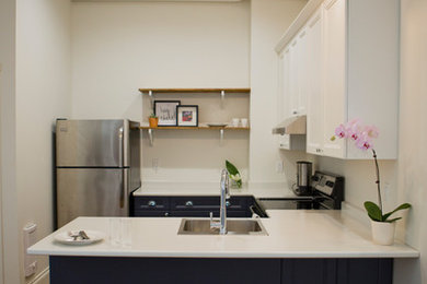 Mid-sized transitional u-shaped vinyl floor and brown floor eat-in kitchen photo in Other with a single-bowl sink, shaker cabinets, blue cabinets, laminate countertops, a peninsula and white countertops
