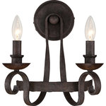 Quoizel - Quoizel Noble Two Light Wall Sconce NBE8702RK - Two Light Wall Sconce from Noble collection in Rustic Black finish. Number of Bulbs 2. Max Wattage 60.00 . No bulbs included. Classic and timeless Noble is a nod to European design. The speckled Rustic Black features many dark tones combined to create a roughly textured finish on the surface that highlights every mark of the hammered metal. The candelabra holders are made of solid wood and stained a dark walnut to coordinate with the overall theme of old world style and charm. No UL Availability at this time.