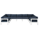 Meridian Furniture - Nizuc Water Resistant Patio U-Shaped Modular Sectional, Navy, 9-Piece: 5 Armless Chair, 4 Corner Chair, White Aluminum Frame - Pick and choose your favorites from the Nizuc collection to create a modular seating group the whole gang will enjoy. The sturdy aluminum frame provides dependable support for friends and family as they relax and unwind, and the resilient navy water resistant fabric stands up to the elements without losing its beautiful demeanor, so you can count on it lasting for the long haul. Latches beneath these seating pieces help you easily attach them to one another for convenient setup.