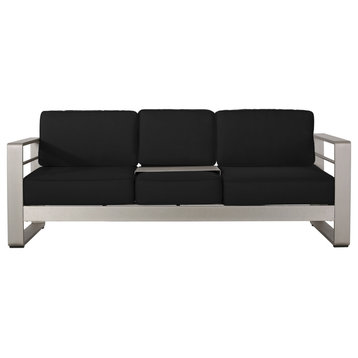 Crested Bay Outdoor Aluminum 3 Seater Sofa With Sunbrella Cushions, Silver/Black