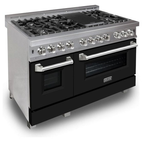 ZLINE 48" Professional Dual Fuel Range in DuraSnow® with Black Matte Door