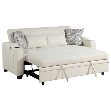 Bennett 71"W Fabric Convertible Sleeper Loveseat With USB Charger, Beige
