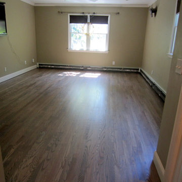 NISSEQUOGUE: 2 1/4" RED OAK W/ CUSTOM GREY BLEND STAIN + BONA TRAFFIC HD SATIN