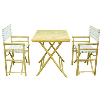 Bamboo Set Of 2 White Stripe Director Chairs And 1 Square Bamboo Table