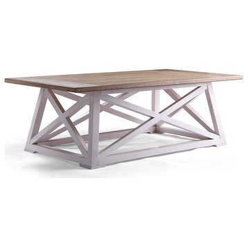 Transitional Coffee Table, Vintage White Geometric Base With Sawhorse Wooden Top