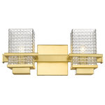 Innovations Lighting - Innovations 310-2W-SG-CL 2-Light Bath Vanity Light Satin Gold - Innovations 310-2W-SG-CL 2-Light Bath Vanity Light Satin Gold. Style: Retro, Art Deco. Metal Finish: Satin Gold. Metal Finish (Canopy/Backplate): Satin Gold. Material: Cast Brass, Steel, Glass. Dimension(in): 6(H) x 15(W) x 6. 25(Ext). Bulb: (2)60W G9,Dimmable(Not Included). Maximum Wattage Per Socket: 60. Voltage: 120. Color Temperature (Kelvin): 2200. CRI: 99. Lumens: 450. Glass Shade Description: Clear Wellfleet Glass. Glass or Metal Shade Color: Clear. Shade Material: Glass. Glass Type: Transparent. Shade Shape: Rectangular. Shade Dimension(in): 4(W) x 5. 5(H) x 4(Depth). Backplate Dimension(in): 4. 5(H) x 4. 5(W) x 0. 75(Depth). ADA Compliant: No. California Proposition 65 Warning Required: Yes. UL and ETL Certification: Damp Location.