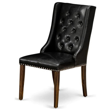 Set of 2 Dining Chair, PU Leather Seat With Diamond Button Tufted Back, Black