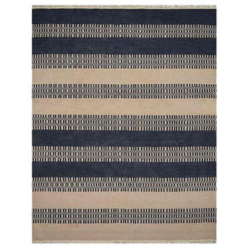 Hand Woven Flat Weave Kilim Wool Area Rug Contemporary Aqua Cream, [Rectangle] 4'x6'