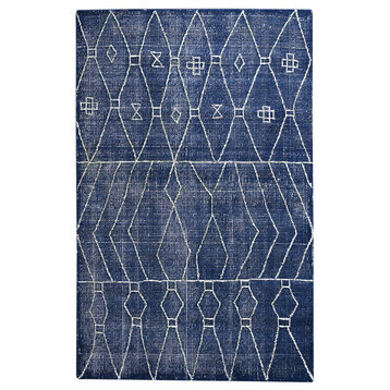 Geometric Tribal Indigo Blue Wool Area Rug 5x8 White Faded Mid Century Graphic