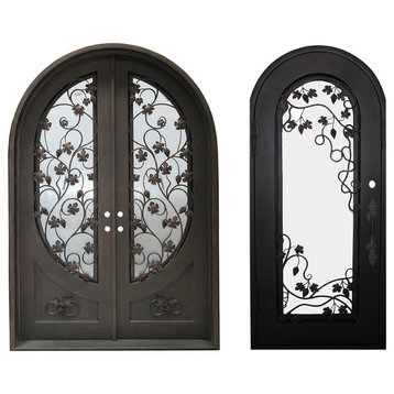 High-End Front Entry Double Wrought Iron Door With Same Style Single Door