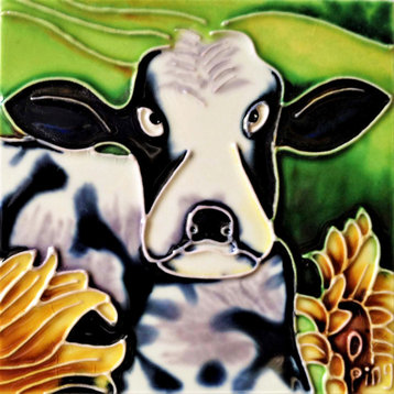 4x4" Dairy Cow Art Tile Ceramic Drink Holder Coaster and Wall Decor