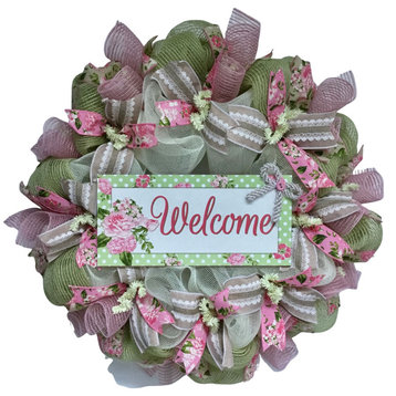 Mint and Pink Spring Floral Welcome Wreath Handmade Deco Mesh