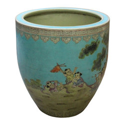 Chinese Turquoise Blue Porcelain Color Happy Buddha Graphic Pot Planter - Indoor Pots And Planters