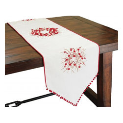 Xia Home Fashions - Handmade Holiday Berry Wreath Ribbon/Pom Pom Double Layer Table Runner, 16x54 - Table Runners