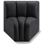 Meridian Furniture - Arc Upholstered Modular Component, Black, 1-Piece: Curved Corner, Vegan Leather - Unleash modern opulence with the Arc Vegan Leather Curved Corner. Crafted for the modern connoisseur, this chair injects an air of refined luxury into any space. Its sleek silhouette, upholstered in supple black vegan leather, exudes timeless sophistication while the deep channel tufting adds textural intrigue, further elevating the chair's visual appeal. The modular design makes it a versatile chameleon, effortlessly adapting to your evolving needs and preferences. Whether you envision it gracing a chic living room corner, basking in the glow of a bedroom window, or adding a touch of drama to a home office, the Arc seamlessly complements your unique interior aesthetic.