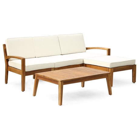 Parma Outdoor Acacia Wood 3 Seater Sectional Sofa Set with Ottoman, Teak Finish/Beige