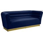 Meridian Furniture - Bellini Velvet Upholstered Sofa, Navy - Add a bit of pizzazz to your living space with this Bellini Navy Velvet Sofa from Meridian Furniture. Rich navy velvet upholstery offers you a luxurious place to curl up with a good book or rest in front of the TV after a long day, while horizontal Channel tufting creates texture and style. Its gold stainless steel base provides solid support, while adding to the sofa's contemporary appearance. Its uniquely curved shape makes this piece a perfect addition to any room in your modern home.