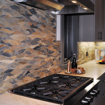 Slate Backsplash Tile In Traditional Kitchen With Stainless Steel Appliances
