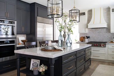 Inspiration for a large transitional light wood floor kitchen remodel in Other with ceramic backsplash, stainless steel appliances and an island