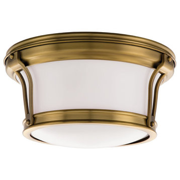 Newport, 10-inch Flush Mount, Aged Brass Finish, Opal Glossy Glass Shade