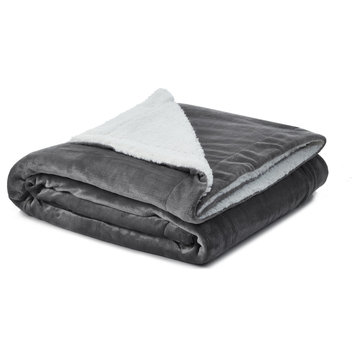 Amarey Flannel Reversible Sherpa Throw Blanket, Dark Gray, 90"x90"