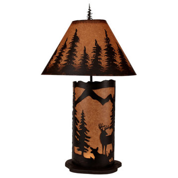 Large Kodiak and Rustic Brown Deer Scene Table Lamp With Nightlight
