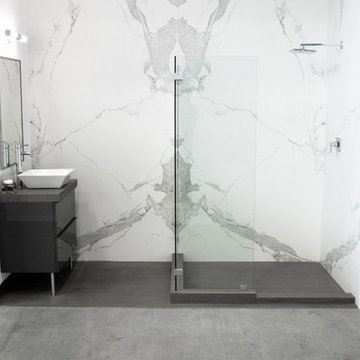 Neolith Calcutta (silk finish) Bathroom with Neolith Timber Oak Vanity & Floor