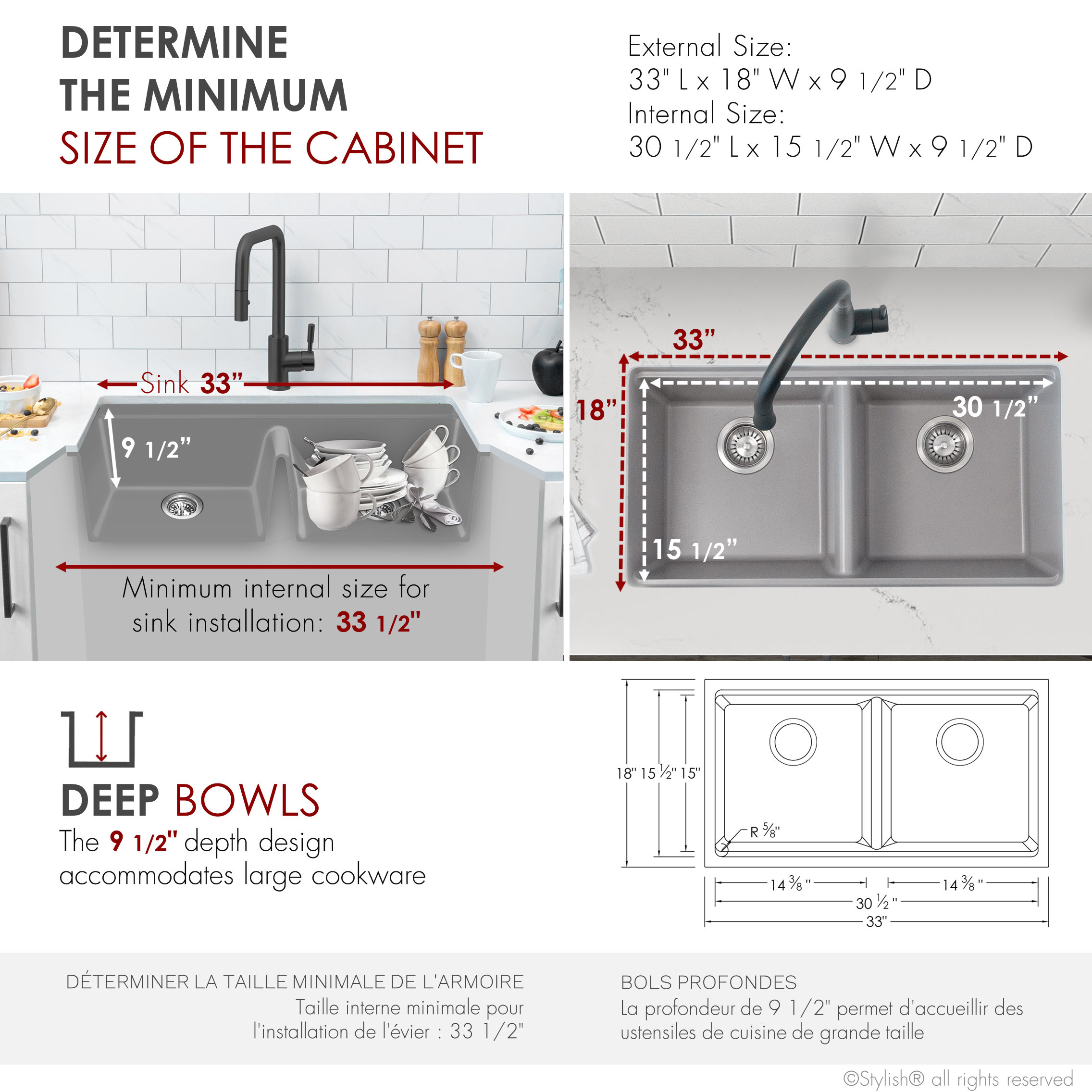 33" Dual Mount Workstation Double Bowl Gray Granite Kitchen Sink