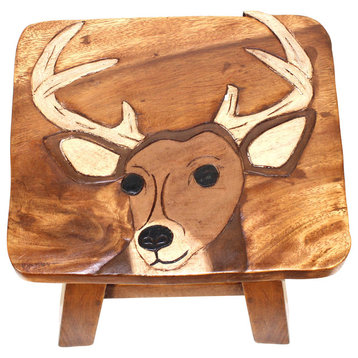 Deer Head Hand Carved Wood Step Stool 11 Inch