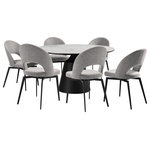 Armen Living - Knox Lucia 7 Piece Dining Set With Stone Top and Gray Fabric Chairs - Enjoy an intimate meal or host a dinner party with the Knox Lucia 7 Piece Dining Set with Stone Top and Gray Fabric Chairs. This set includes 1 Knox dining table and 6 Lucia swivel dining chairs. Beautifully minimalistic, our dining chair stands out with a refined and striking silhouette. A sleek cut-out and slender black metallic legs complete the modern and sophisticated appeal of the kitchen chair. It's ergonomically sculpted back delivers exceptional comfort, supporting you in just the right places. The back and seat are both generously padded to bring a dose of comfort to your formal and casual meals. Our dining room chair can also serve as a comfy seat in your home office or provide a comfortable spot to relax in your living room. The dining table chair also includes a 180 - degree swivel function allowing you to change directions and follow conversations with ultimate ease. It is upholstered in performance fabric for easy care and maintenance. The refined and distinctive silhouette of the dining table attains a statement-making appeal in any room. It features a perfectly rounded tabletop perched upon an eye-catching pedestal base. Its sintered stone tabletop depicts the graceful and natural textures of white marble to add a polished touch to your casual or formal meals. This tabletop is resistant to etching, scratches, burns, and stains as a durable yet elegant alternative to quartz. It is perched upon a black metal base to attain contrast and a versatile appeal. The round dining table can comfortably seat up to six individuals for enjoying meals in your kitchen, dining room, or living space. A 55" round shape allows the table to function as a natural hub for conversations. The Knox Lucia dining set is available in 5 and 7 piece set configurations and features a white stone tabletop with black metal base and gray upholstered swivel dining chairs.