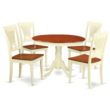 5 Pc Set, Round Small Table, 4 Leather Kitchen Chairs In Buttermilk, Cherry .